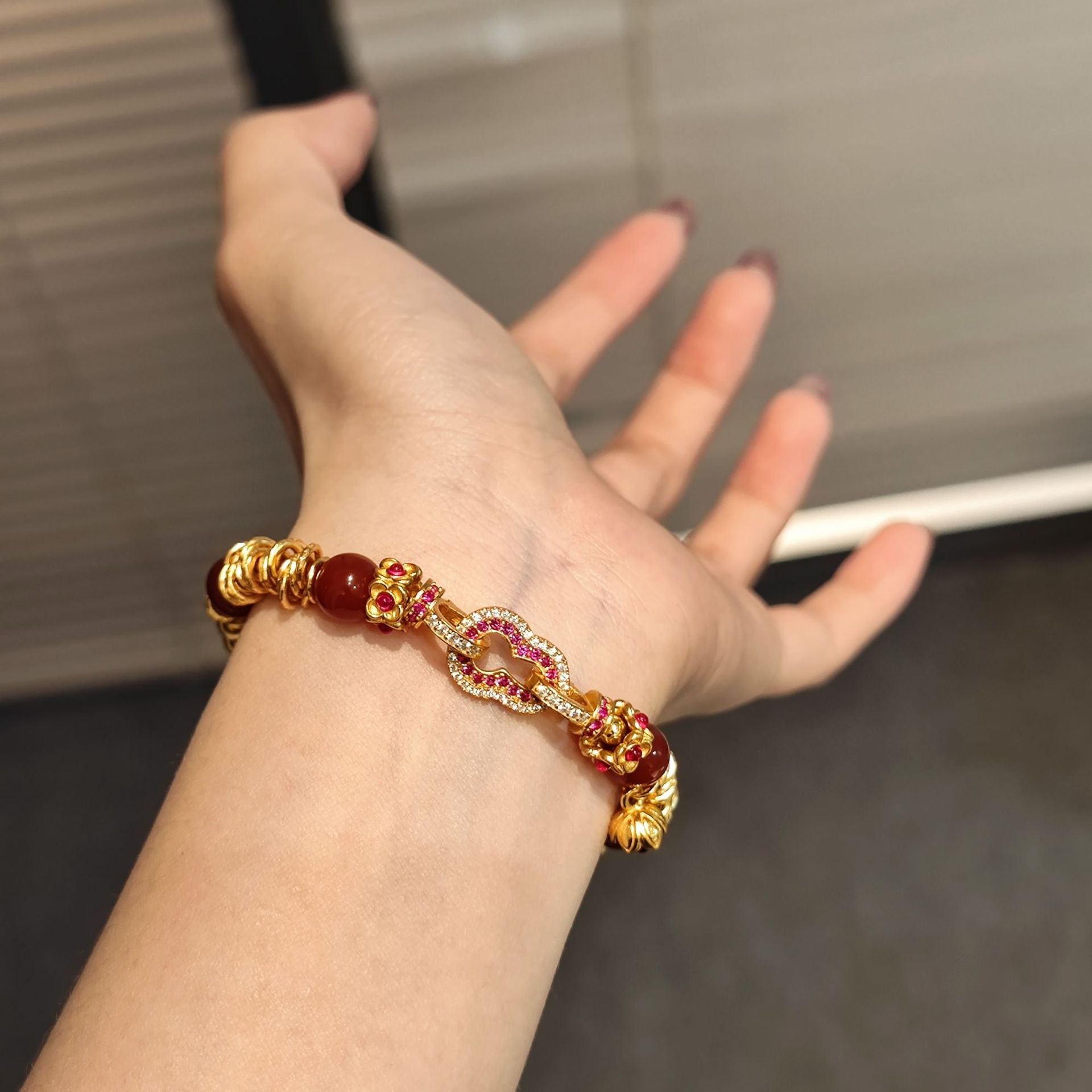 S925 Sterling Silver Gold Plated Red Agate Bracelet - Four Leaf Clover Intertwined Chain CZ Accent Delicate Beaded Bracelet