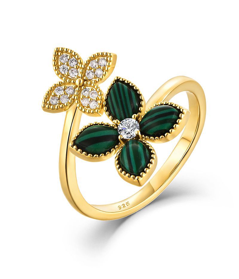 Adjustable Malachite Clover Ring | Four Leaf Luck Bohemian Statement Ring for Women