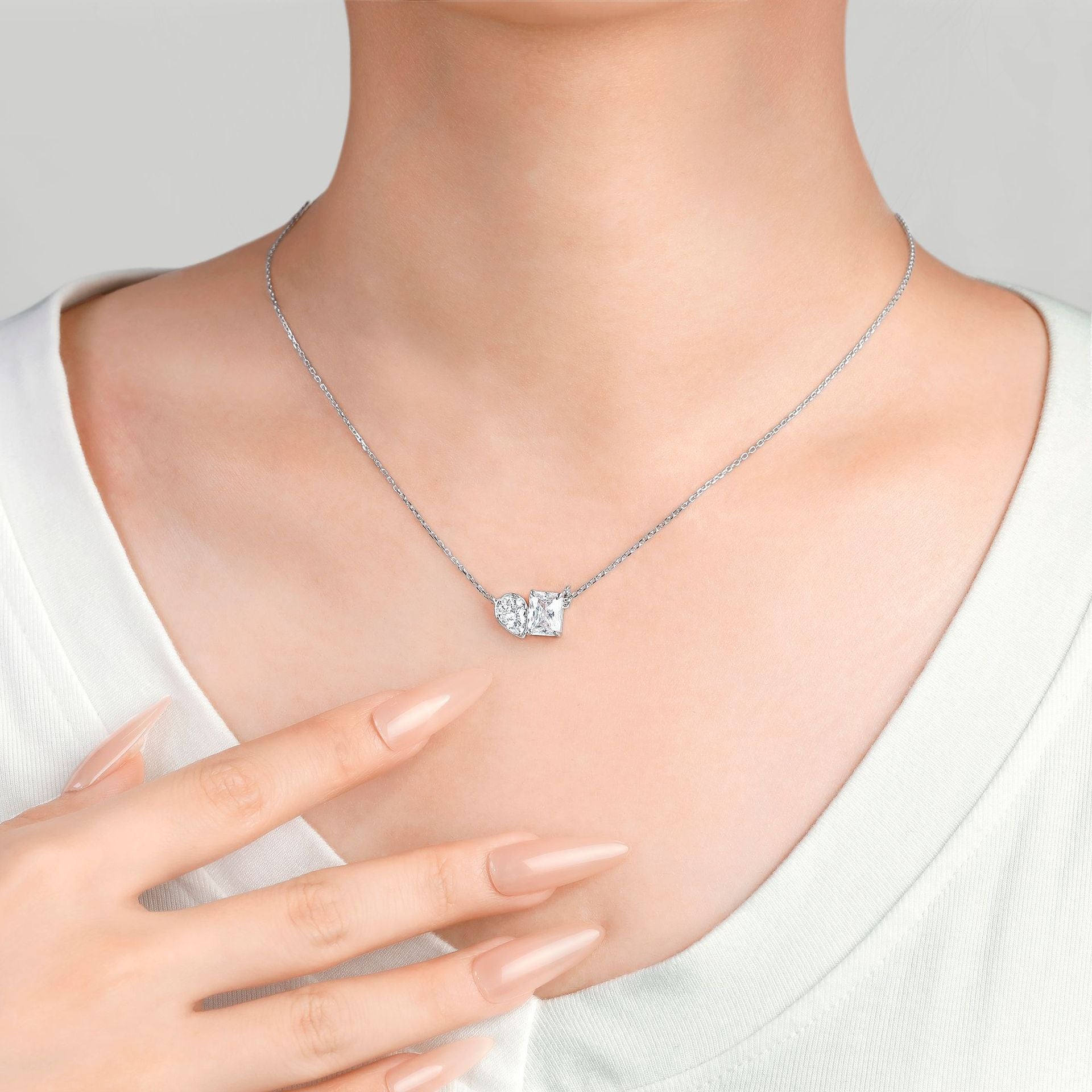 2CT Square Zirconia Double Ring Necklace – Sterling Silver 925 Minimalist Pendant for Women