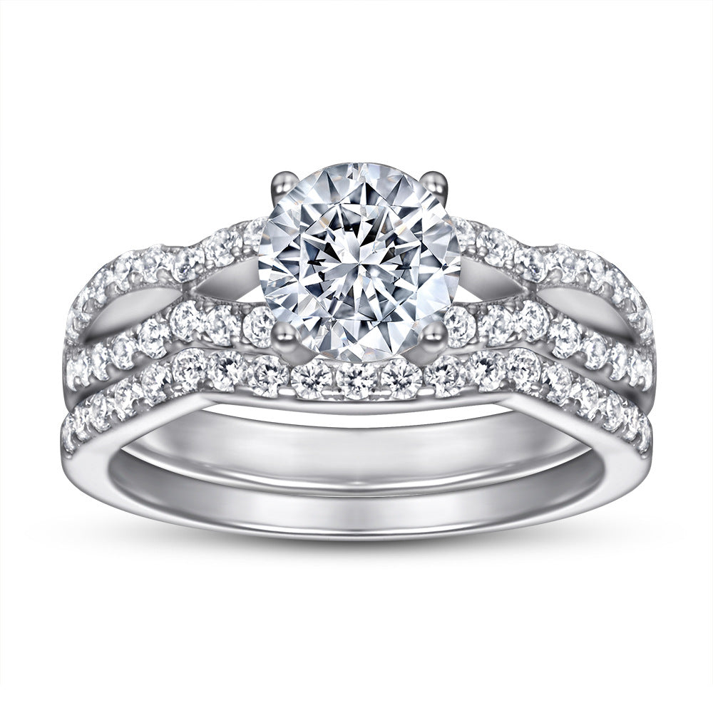 Vintage Stylish 925 Sterling Silver Gold Plated CZ 2-in-1 Ring Set for Women