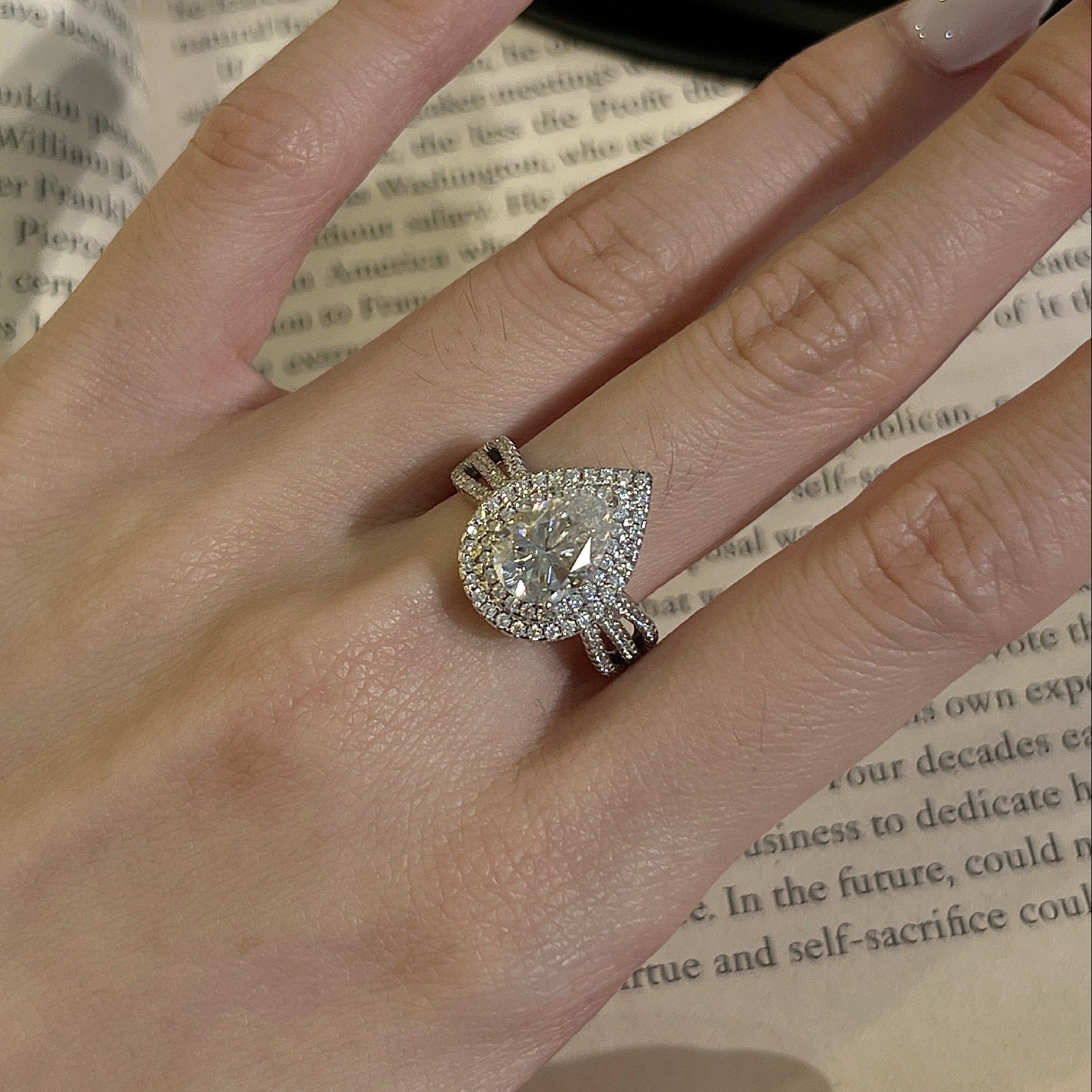 2 Carat Pear Shape Moissanite Halo Ring in Sterling Silver - Luxurious Engagement Band