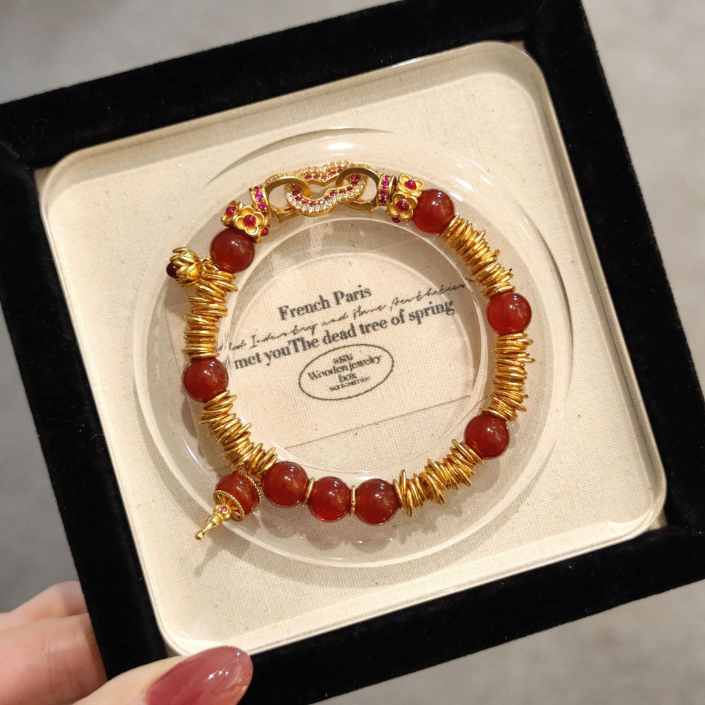 S925 Sterling Silver Gold Plated Red Agate Bracelet - Four Leaf Clover Intertwined Chain CZ Accent Delicate Beaded Bracelet