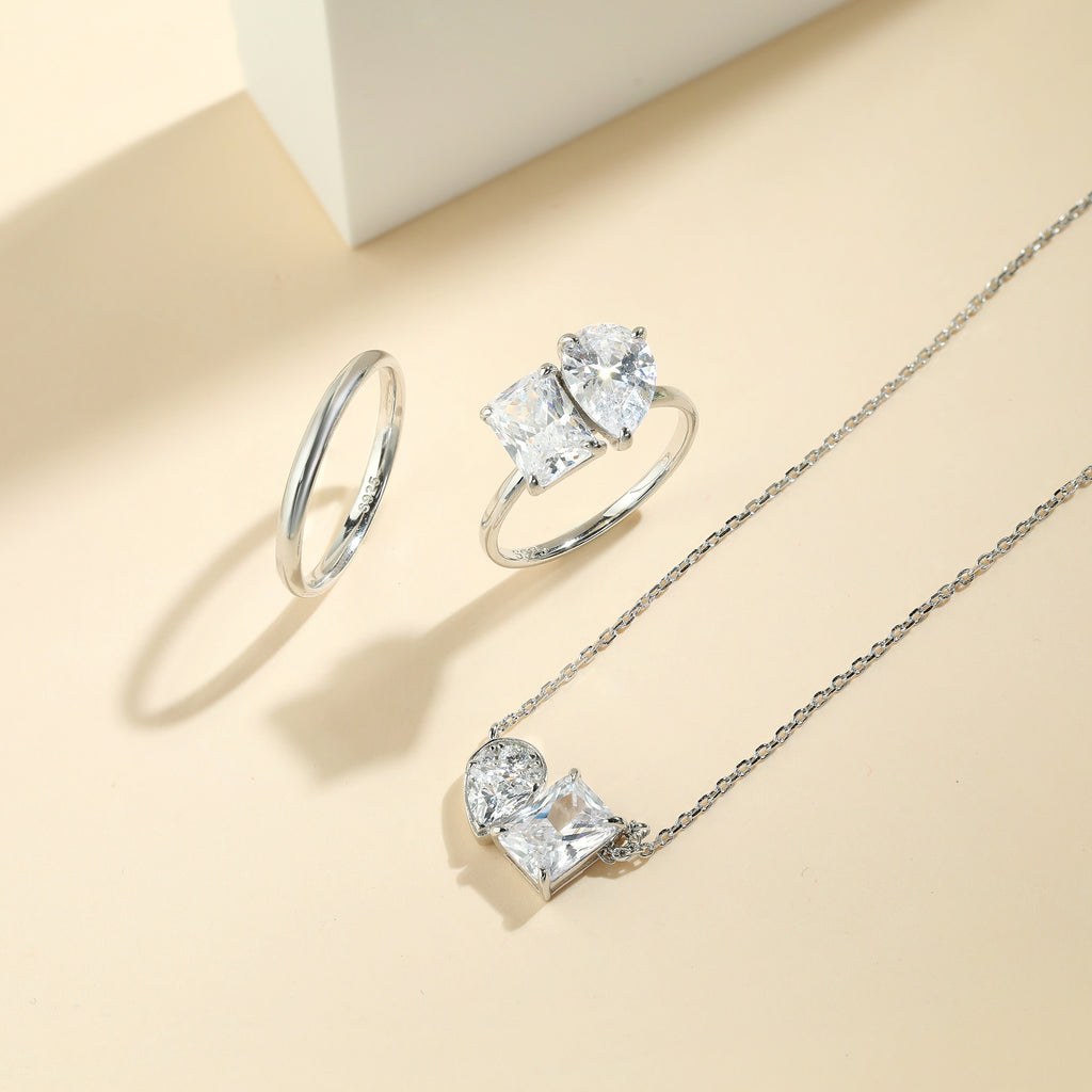 2CT Square Zirconia Double Ring Necklace – Sterling Silver 925 Minimalist Pendant for Women