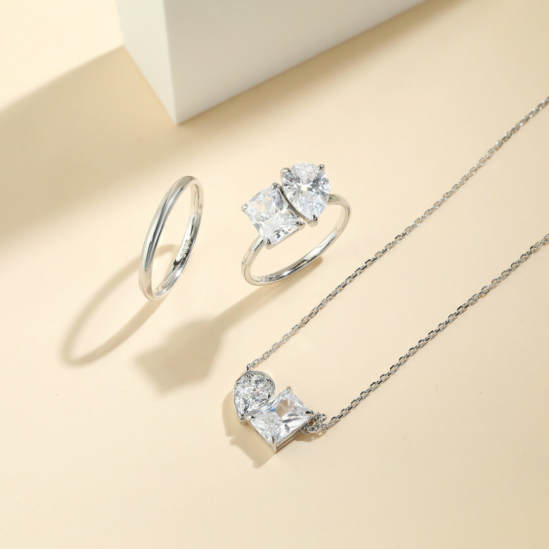 2CT Square Zirconia Double Ring Necklace – Sterling Silver 925 Minimalist Pendant for Women