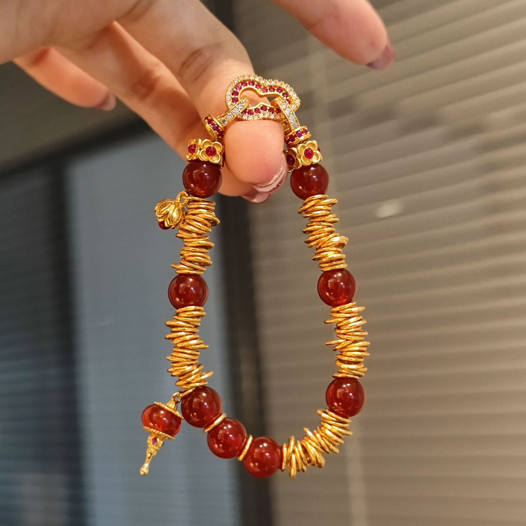 S925 Sterling Silver Gold Plated Red Agate Bracelet - Four Leaf Clover Intertwined Chain CZ Accent Delicate Beaded Bracelet