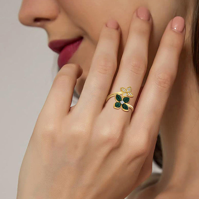 Adjustable Malachite Clover Ring | Four Leaf Luck Bohemian Statement Ring for Women