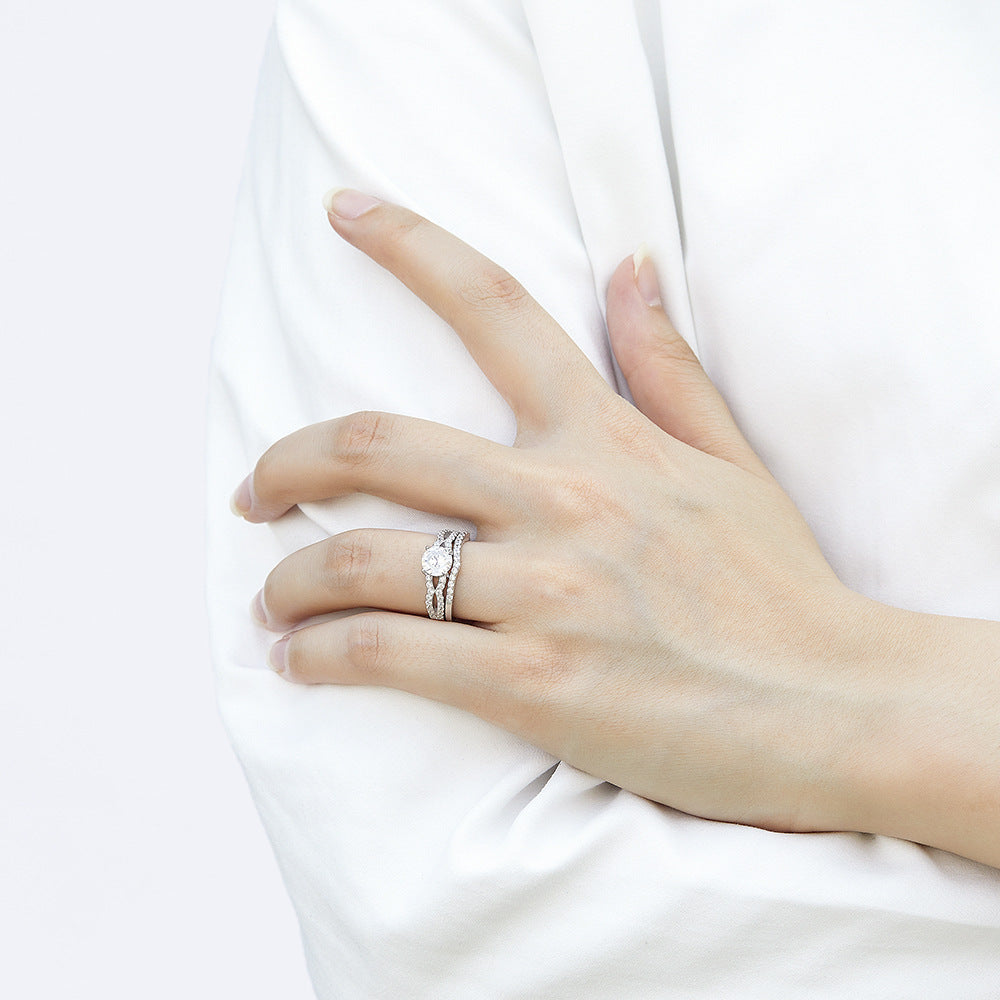 Vintage Stylish 925 Sterling Silver Gold Plated CZ 2-in-1 Ring Set for Women