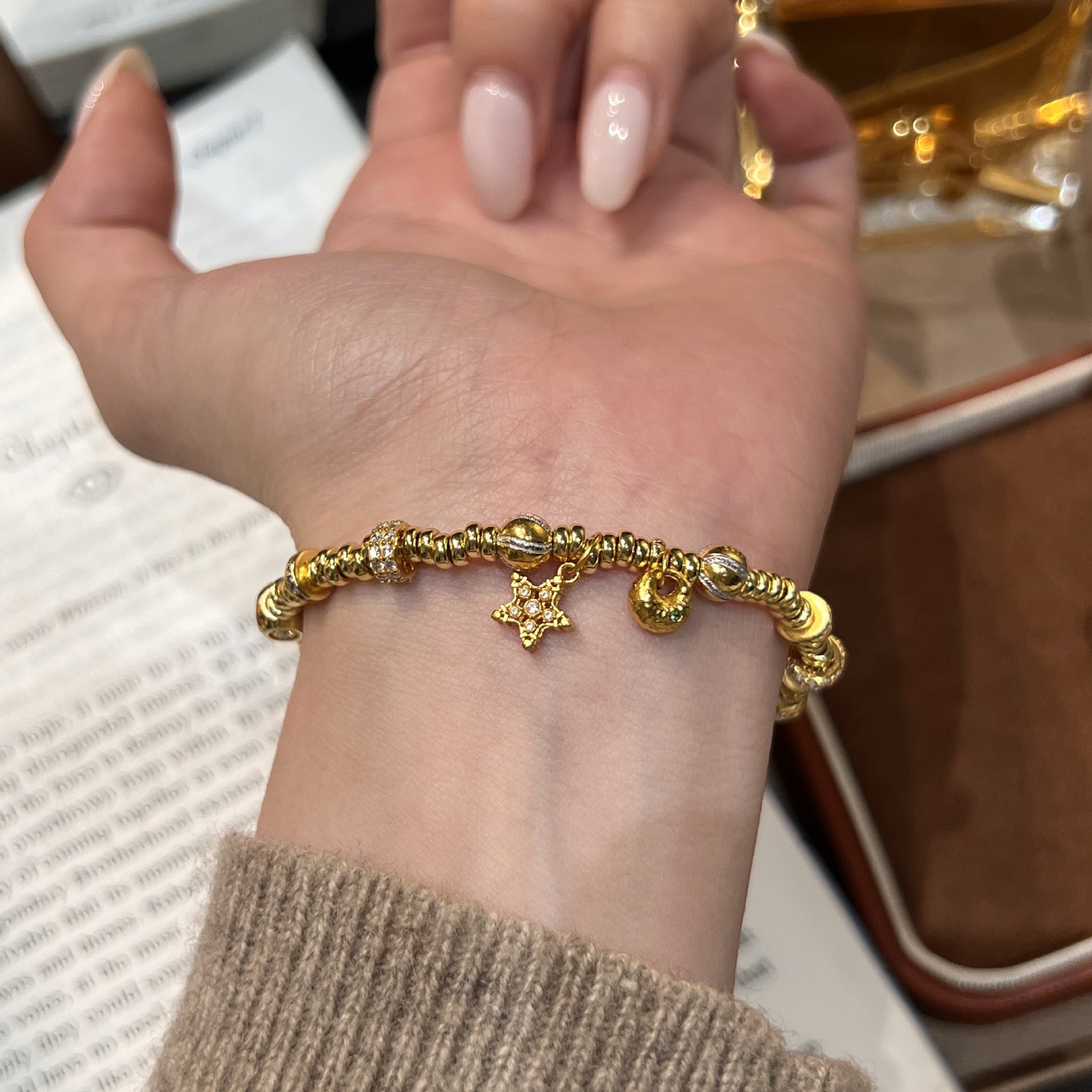 S925 Sterling Silver Gold Plated Star Bracelet - Intertwined Lock Charm Round Bead Unique Design Luxury Versatile Jewelry