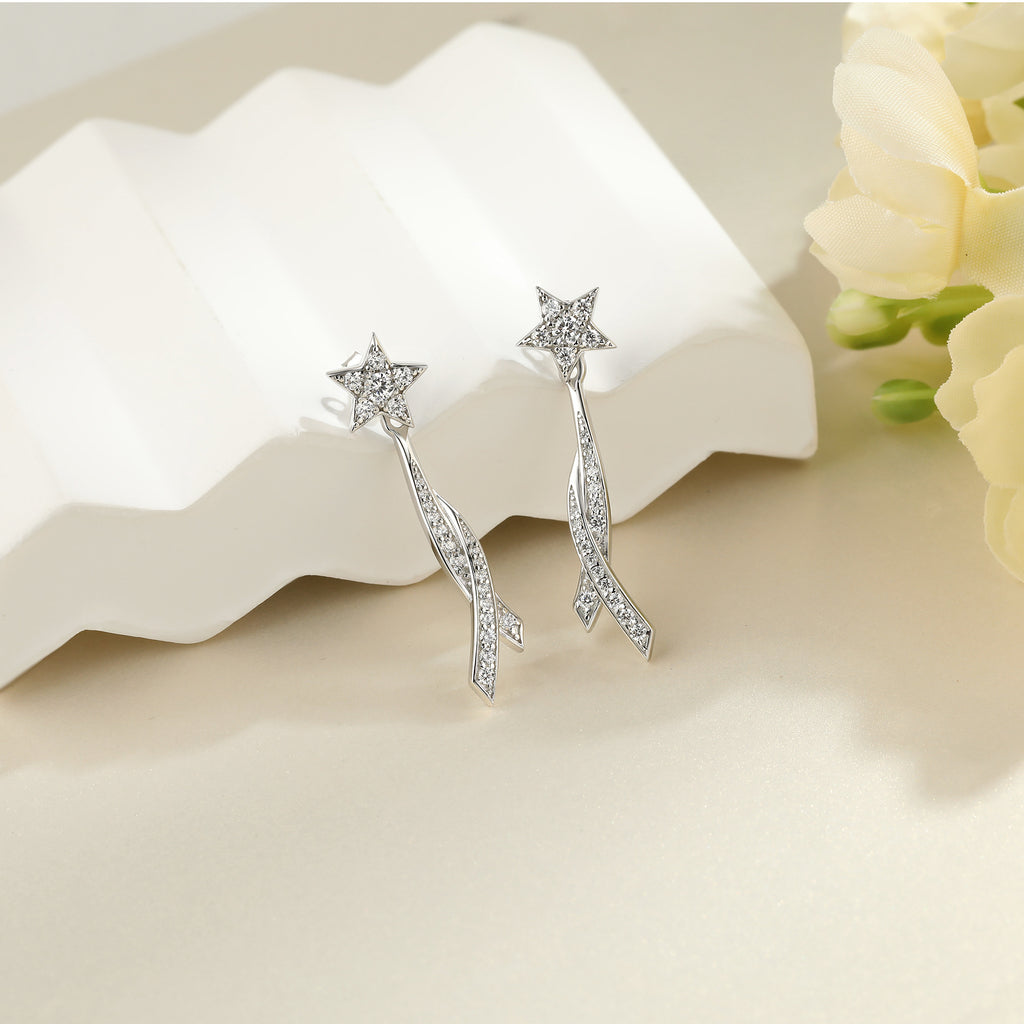 925 Silver Tassel Drop Earrings with Zirconia | Bow & Star Dangle