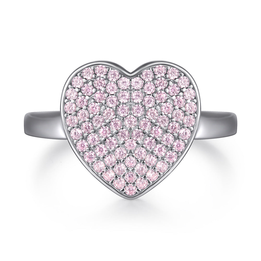 Large Heart 925 Sterling Silver Pink CZ Ring for Women - Heart-Shaped Single Band