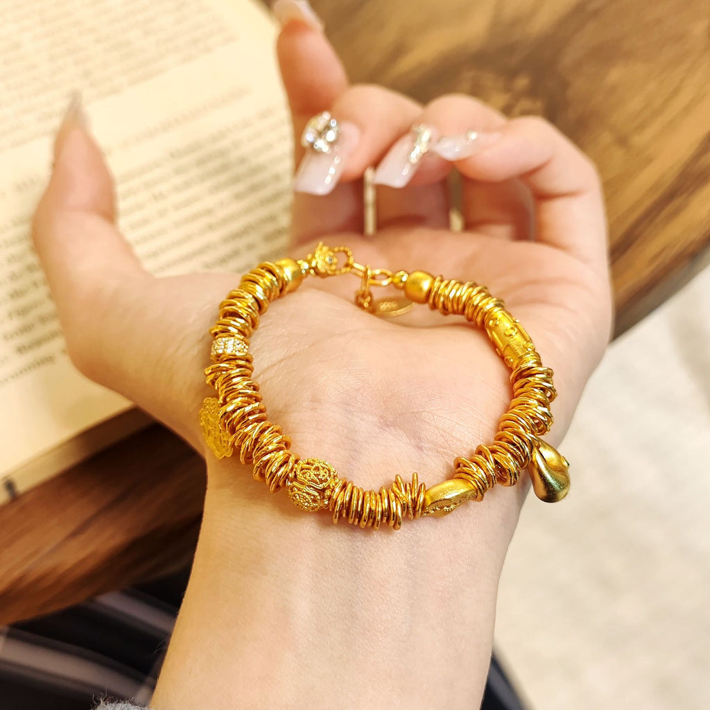 Wrapped Coin & Beaded Accents Bracelet, Gold Plated S925 Silver Boho Retro Jewelry