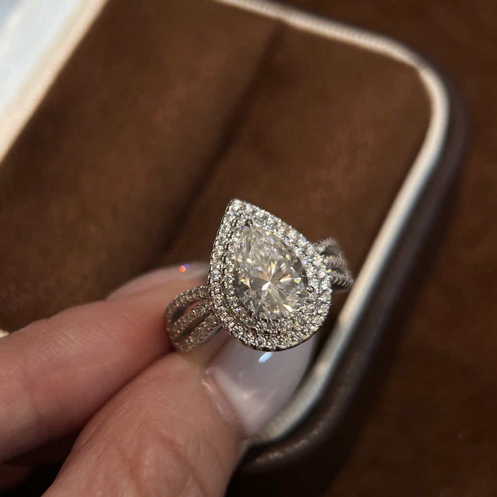 2 Carat Pear Shape Moissanite Halo Ring in Sterling Silver - Luxurious Engagement Band