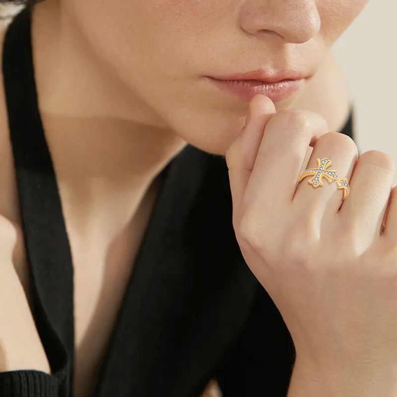 S925 Sterling Silver Full-Set CZ Cross Adjustable Ring | Unisex Celestial Statement Finger Ring for Men & Women