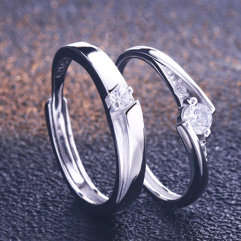Matching CZ Promise Rings for Couples - 925 Silver Adjustable Stackable Bands (3-Layer Platinum Plated)