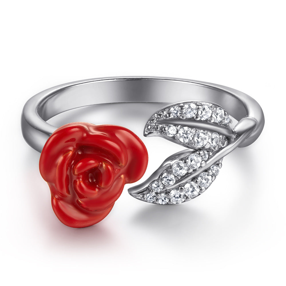 Dainty 925 Sterling Silver Rose Ring with Leaf Detail | Adjustable Open Unique Floral Design