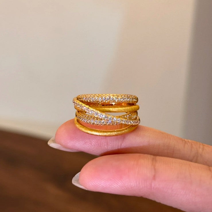 ‌Canary Stacking Ring for Women, Sterling Silver 18K Gold Plated Crisscross Vintage Ring with Diamond Accents