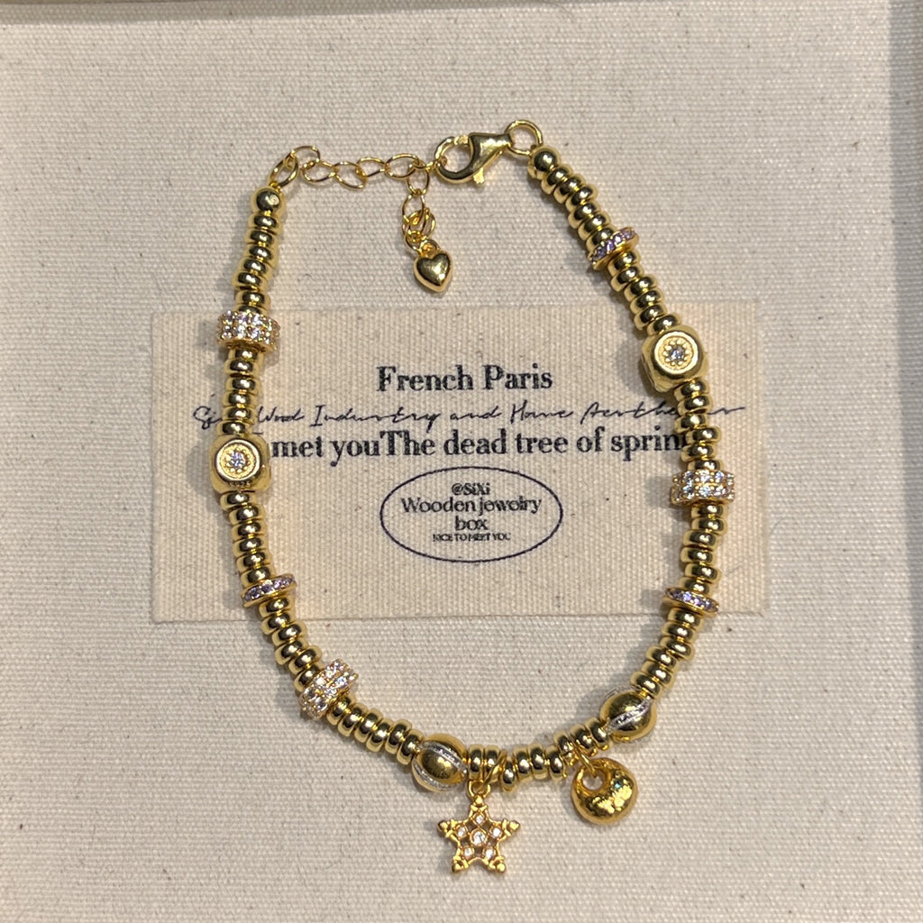 S925 Sterling Silver Gold Plated Star Bracelet - Intertwined Lock Charm Round Bead Unique Design Luxury Versatile Jewelry